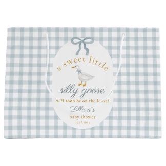 Silly Goose Blue Gingham Cottagecore Baby Shower Large Gift Bag
