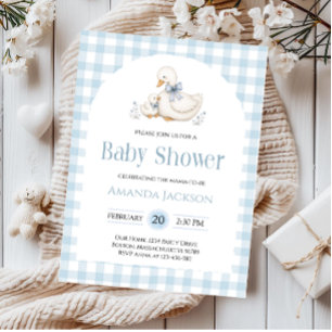 Silly Goose Blue Gingham Duck Baby Shower Invitation