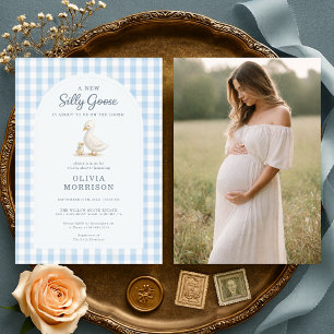 Silly Goose Blue Gingham Photo Baby Shower Invitation