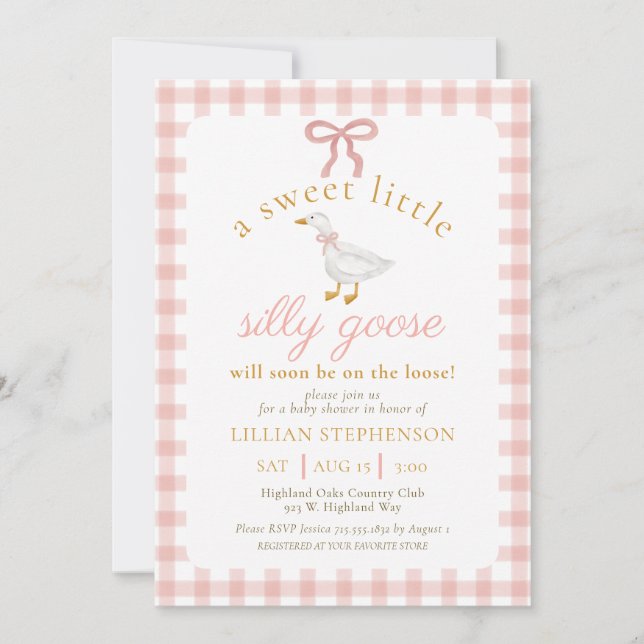 Silly Goose Blush Pink Bow Gingham Baby Shower  Invitation (Front)