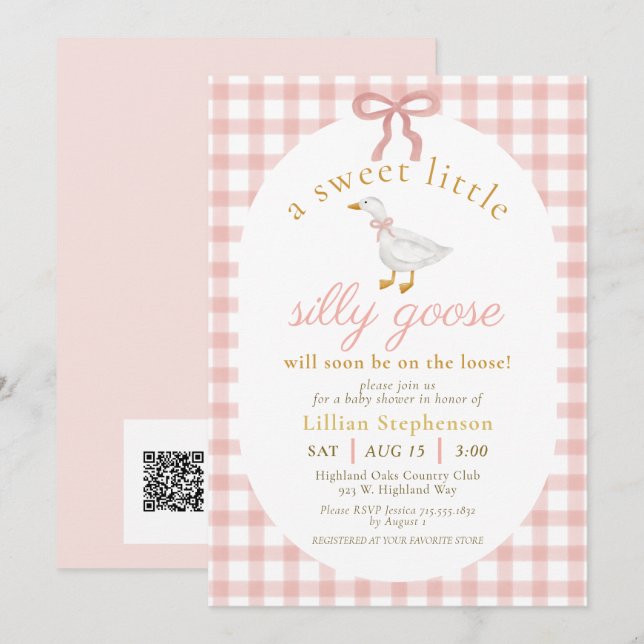 Silly Goose Blush Pink Gingham Baby Shower QR Code Invitation (Front/Back)