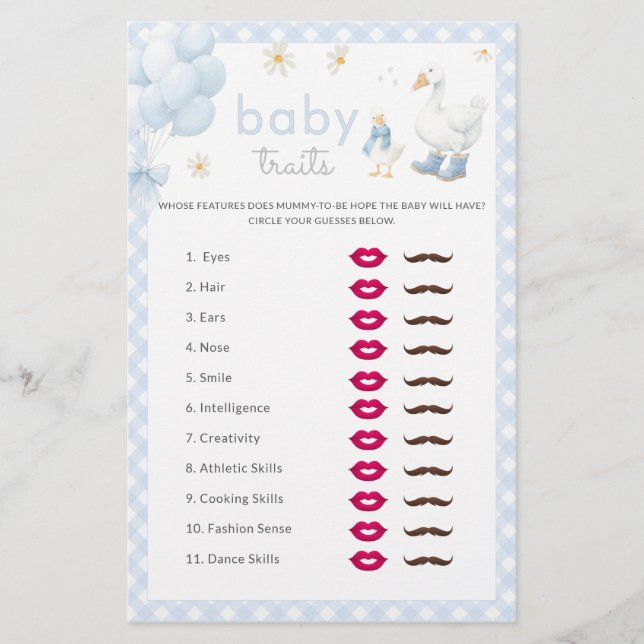 Silly Goose Boy Baby Traits Baby Shower Game (Front)