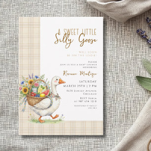 Silly Goose Brown Gingham Flower Baby Shower Invitation