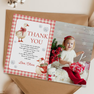 Silly Goose Christmas Gingham 1st Birthday Photo Thank You Card