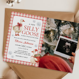 Silly Goose Christmas Gingham Baby Shower Photo Invitation