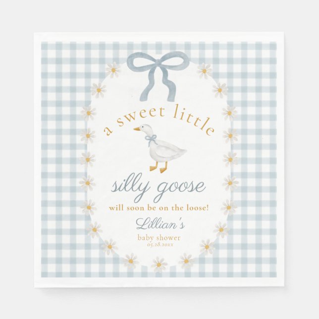 Silly Goose Daisy Blue Bow Gingham Baby Shower Napkin (Front)