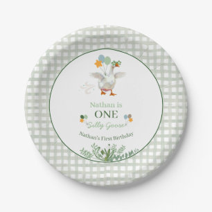 Silly Goose First Birthday Green Paper Plate