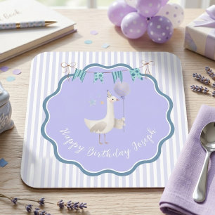 Silly Goose First Birthday Lavender Boy Party Square Paper Coaster