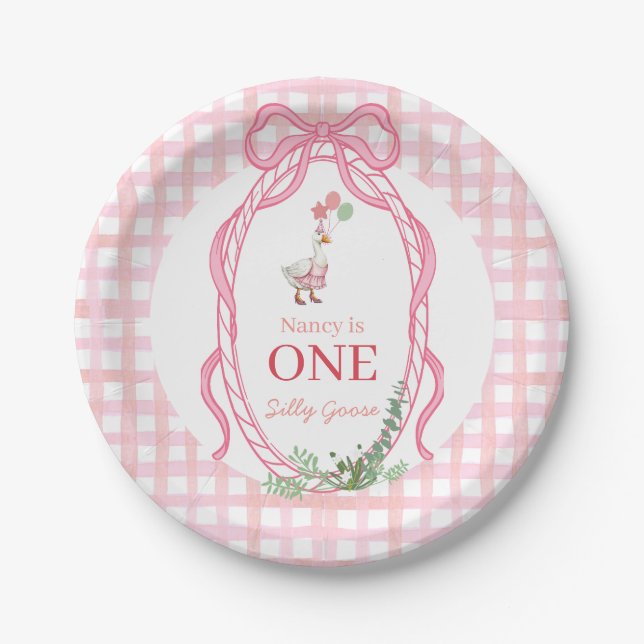Silly Goose First Birthday Pink  Paper Plate (Front)