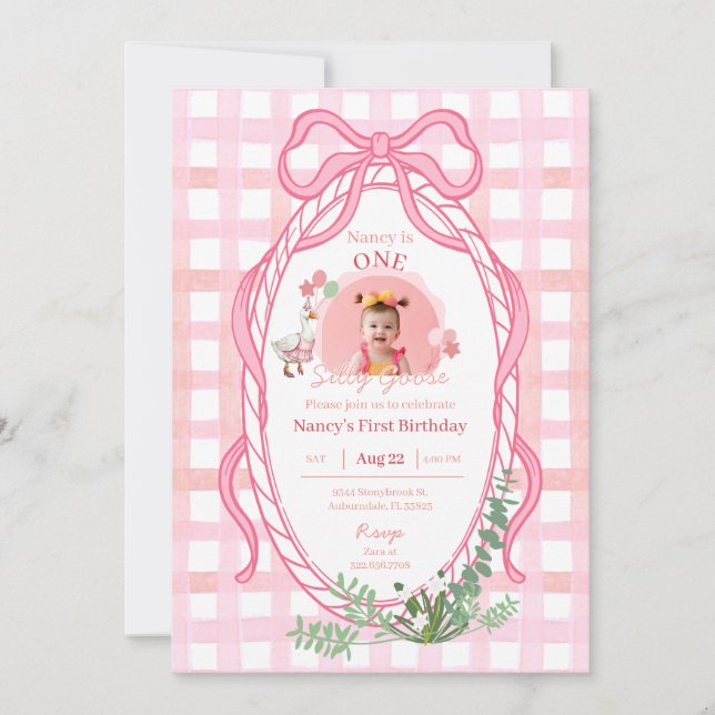 Silly Goose First Birthday Pink Photo Invitation  (Front)