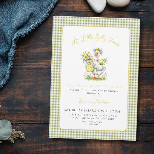 Silly Goose Flower Green Boho Gingham Baby Shower Invitation