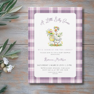 Silly Goose Flower Purple Gingham Baby Shower Invitation