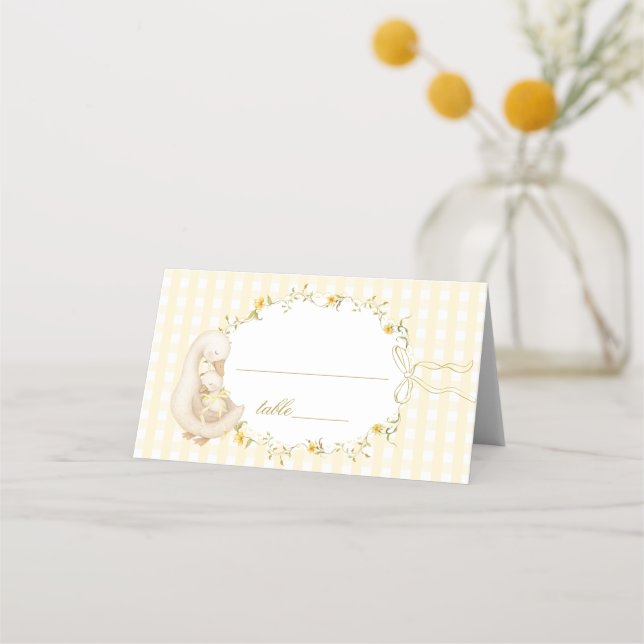 Silly Goose Gender Neutral Yellow Gingham Place Card (Front)