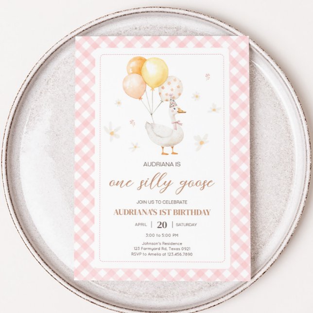 Silly Goose Gingham Birthday Party Invitation (Pink Gingham Silly Goose Birthday Party Invitation)