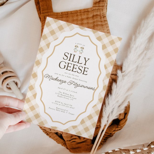 Silly Goose Gingham Twin Baby Shower Invitation (Gingham Goose Baby Shower twins invite)