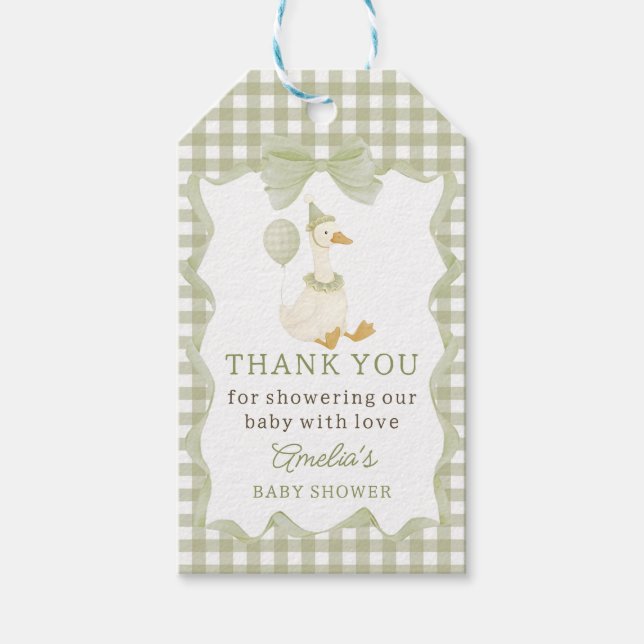 Silly Goose Green Gingham Baby Shower Gift Tag (Front)