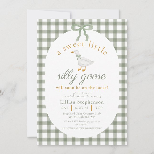 Silly Goose Green Gingham Bow Neutral Baby Shower Invitation (Front)
