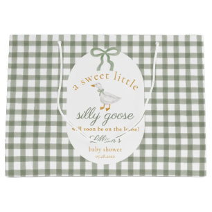 Silly Goose Green Gingham Cottagecore Baby Shower  Large Gift Bag
