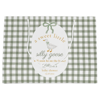 Silly Goose Green Gingham Cottagecore Baby Shower Large Gift Bag