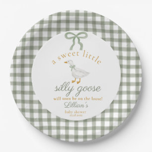Silly Goose Green Gingham Cottagecore Baby Shower Paper Plate
