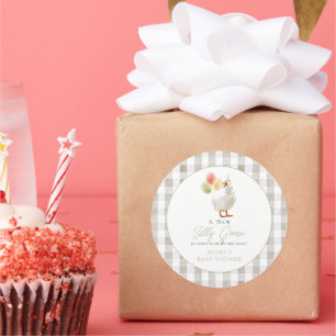 Silly Goose Greige Gingham Baby Shower Classic Round Sticker