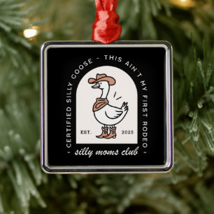 Silly goose mom mama cowgirl cowboy retro black metal ornament