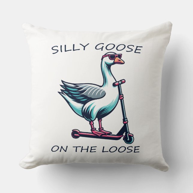 Silly Goose On The Loose Funny Scooter Ride Throw Pillow (Front)