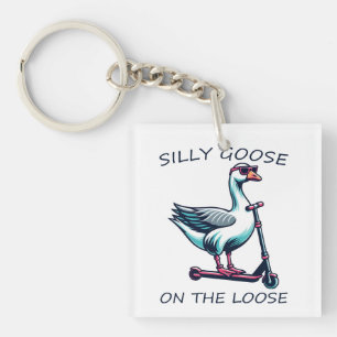 Silly Goose On The Loose Goose Skating on Scooter Keychain