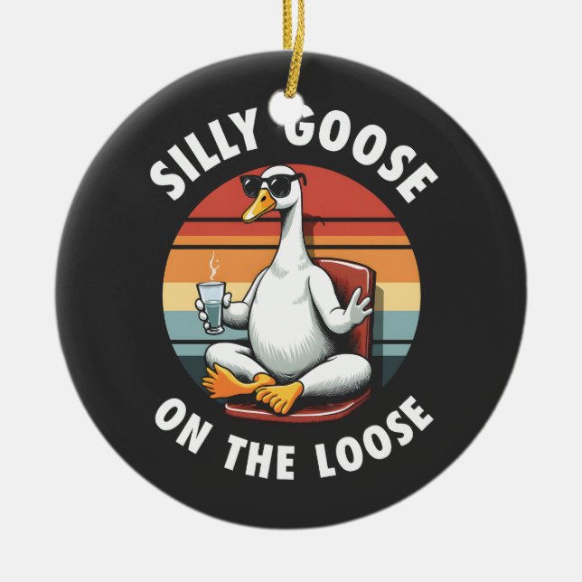 Silly Goose on the Loose Meditation Yoga Retro Ceramic Ornament (Front)