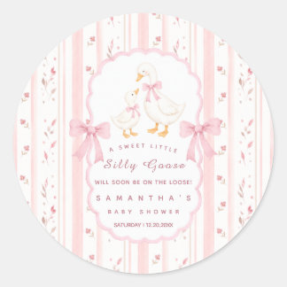Silly Goose "On The Loose" Pink Bow Baby Shower Classic Round Sticker