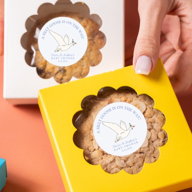 Silly Goose on the Way Boy Baby Shower Classic Round Sticker (Creator Uploaded)