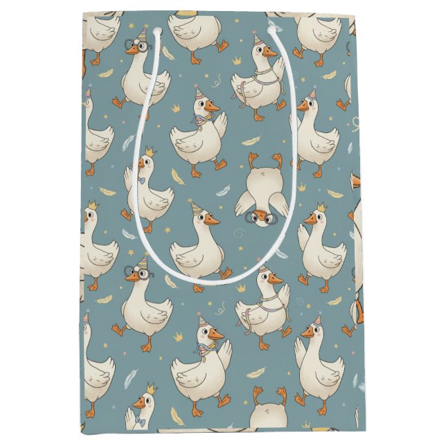 Silly Goose Party – Blue Background with Feathers Medium Gift Bag (Front)