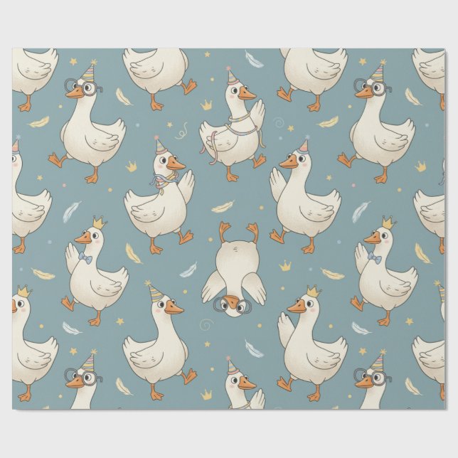 Silly Goose Party – Blue Background with Feathers Wrapping Paper (Flat)