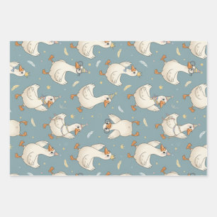 Silly Goose Party – Blue Background with Feathers Wrapping Paper Sheet