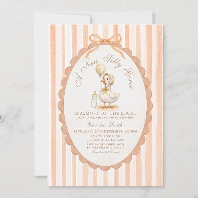 Silly Goose Peach Stripes & Bow Farm Animal Invite (Front)