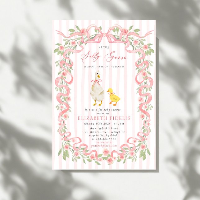  Silly Goose Pink Bow Floral QR Code Baby Shower  Invitation (Creator Uploaded)