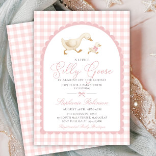 Silly Goose Pink Gingham Arch Girl Baby Shower Invitation