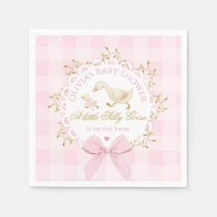 Silly Goose Pink Gingham Bow Baby Shower Napkin