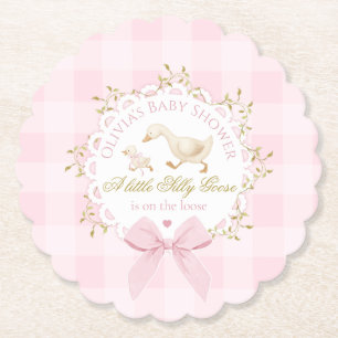 Silly Goose Pink Gingham Bow Baby Shower Paper Coaster
