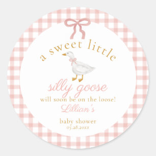 Silly Goose Pink Gingham Cottagecore Baby Shower Classic Round Sticker