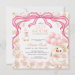 Silly Goose Pink Gingham Daisy Bow Baby Shower Invitation