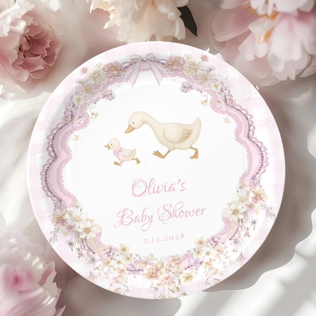 Silly Goose Pink Gingham Girl Baby Shower Paper Plate (Creator Uploaded)