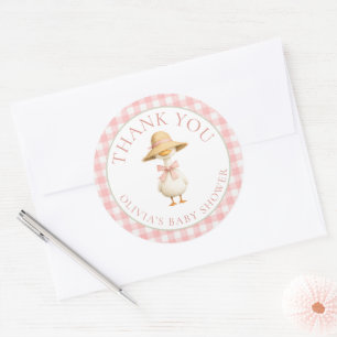 Silly Goose Pink Gingham Thank You Baby Shower  Classic Round Sticker