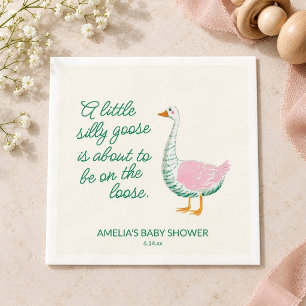 Silly Goose Pink Green Girl Whimsical Baby Shower Napkin