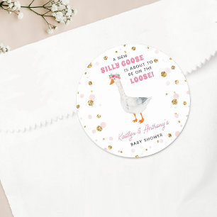 Silly Goose Pink Watercolor Girls Baby Shower Classic Round Sticker
