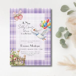 Silly Goose Purple Gingham Balloons Baby Shower Invitation