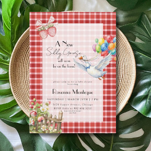 Silly Goose Red Gingham Balloons Baby Shower Invitation