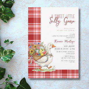 Silly Goose Red Gingham Flower Baby Shower Invitation