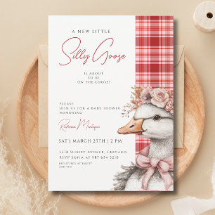 Silly Goose Red Gingham Flower Bow Baby Shower Invitation