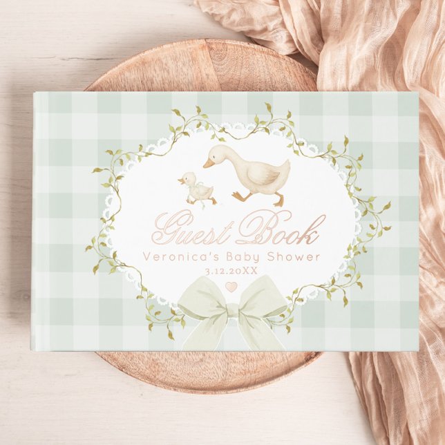 Silly Goose Sage Gingham Whimsical Baby Shower Guest Book (Creator Uploaded)